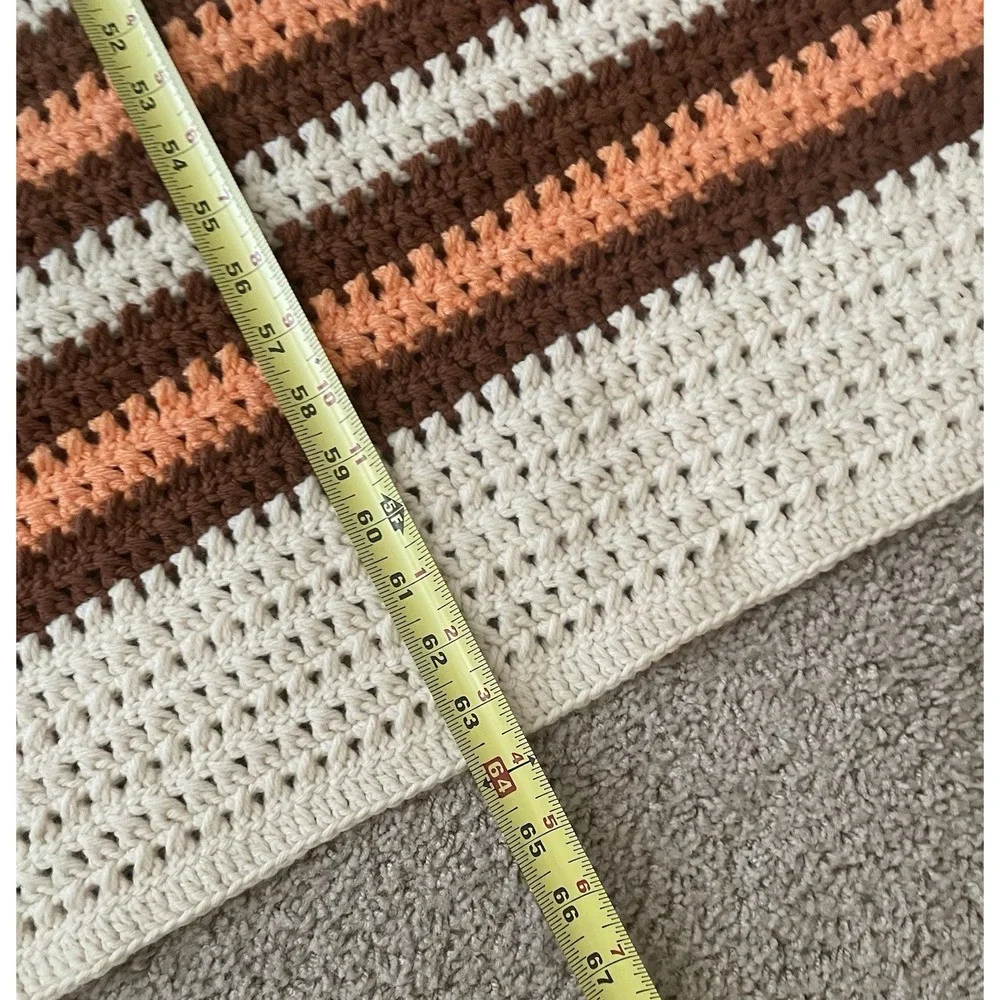 Handmade Ivory Peach Brown Crochet Vtg Fall Afghan Throw Blanket Striped 44